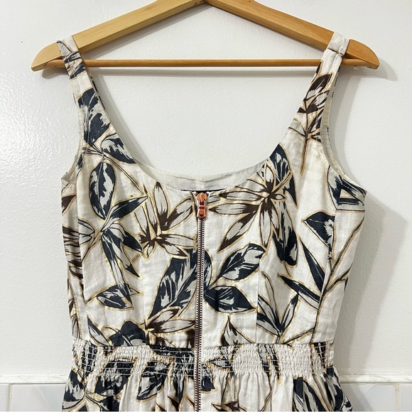 J Crew 0 Foil Leaf Zip Front 100% Linen Boho Chic Tropical Beachy A-Line Dress - Picture 6 of 16